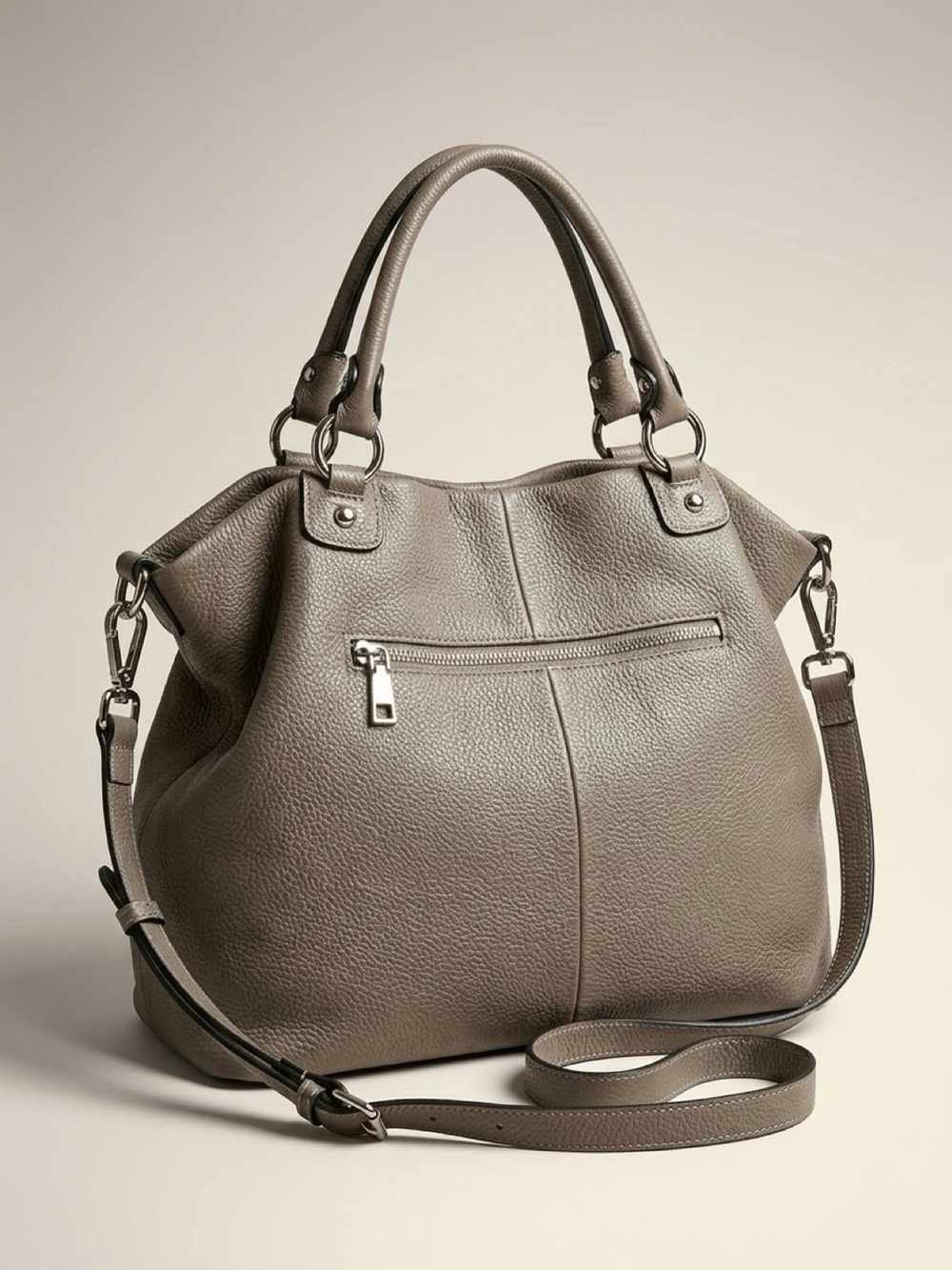 Kattee Leather Shoulder Tote in Taupe with Removable Strap